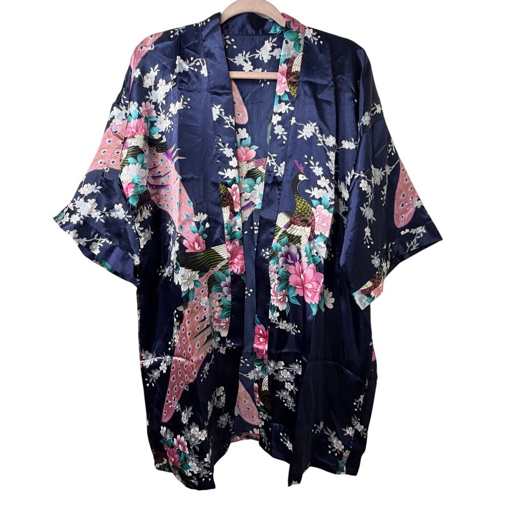 OSFM Navy Peacock Floral Satin Robe Kimono Cover Up Oriental Glam Festival Boho